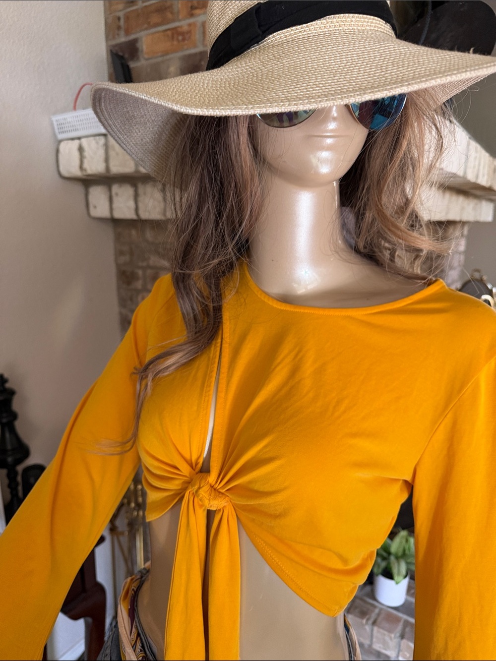 Urban Outfitters Mustard Tie-Front Long-Sleeve Crop Top